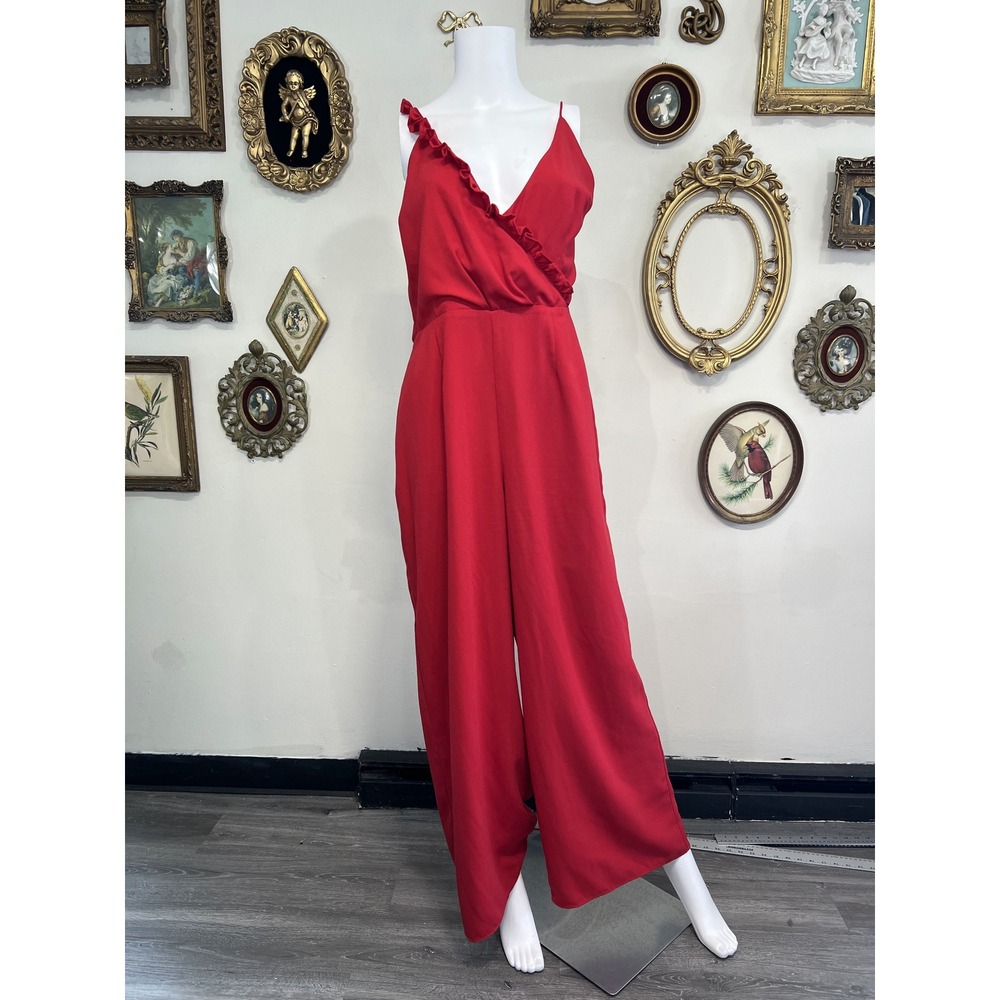 Keepsake Red Ruffled V-Neck Wide-Leg Jumpsuit Size XL